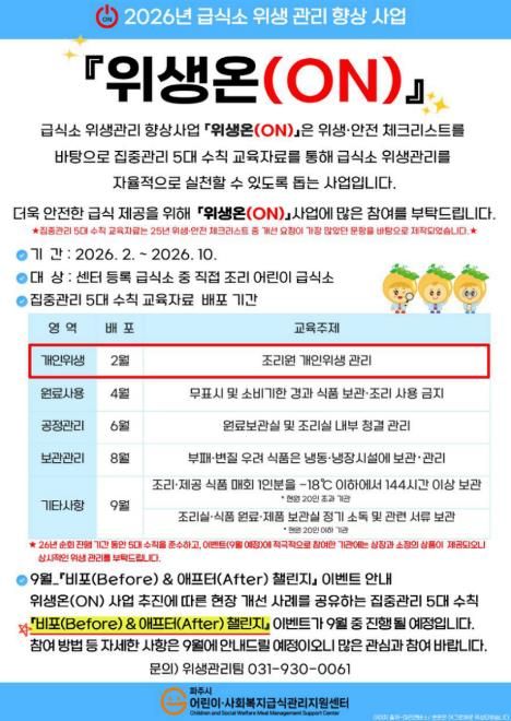 파주시 어린이·사회복지급식관리지원센터, 급식소 위생 관리 향상 사업 ‘위생 온(ON)’ 추진