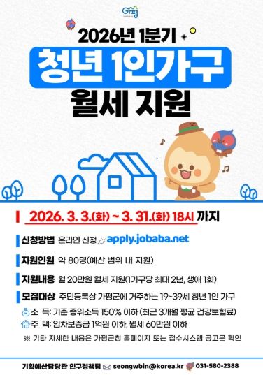 가평군, ‘1분기 청년 1인 가구 월세 지원사업’ 시행